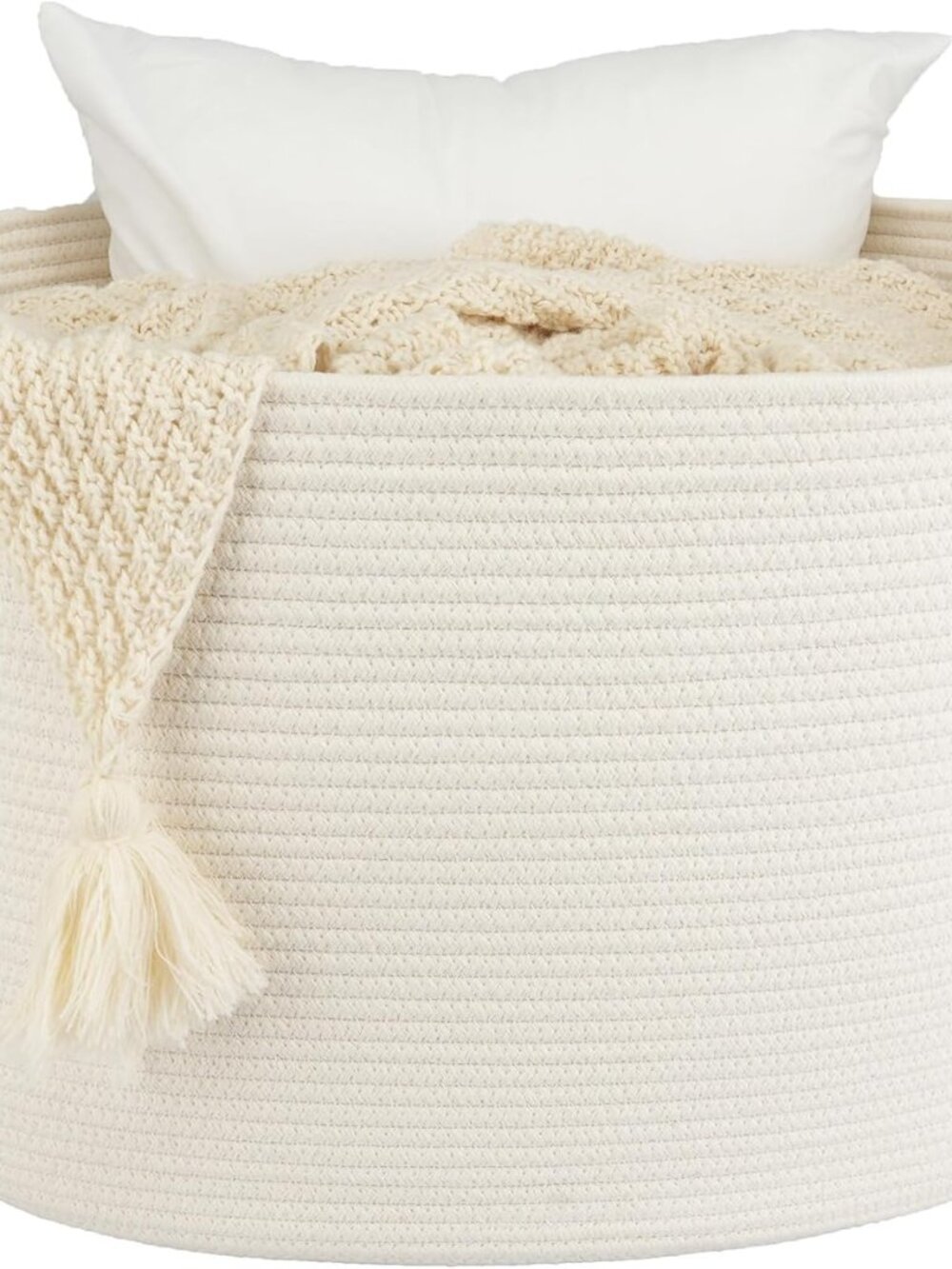 New Extra Large Cotton Rope Round Storage Basket 22" x 14" White | Woven basket